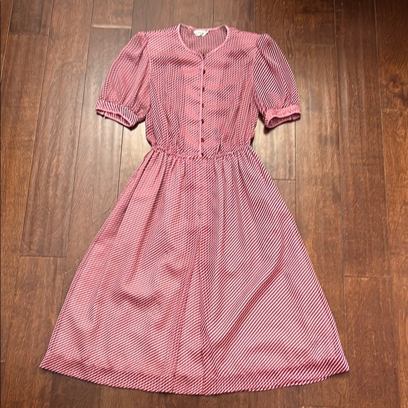 Ieniella Dresses & Skirts - Adorable Vintage Coquette Striped Red and Pink Dress with Puff Sleeves, Size